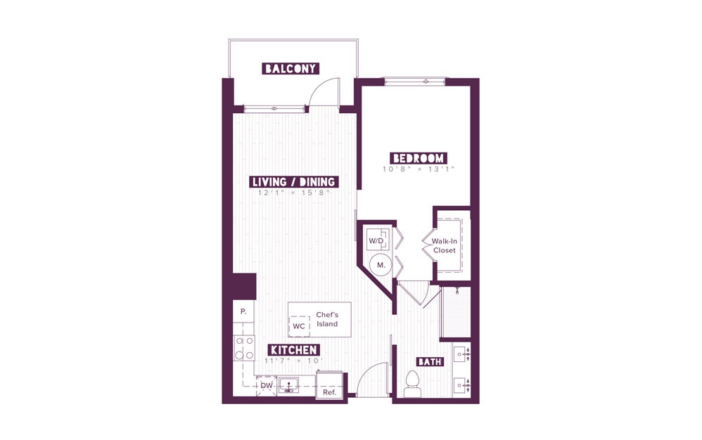 1.1A - 1 bedroom floorplan layout with 1 bath and 708 square feet.