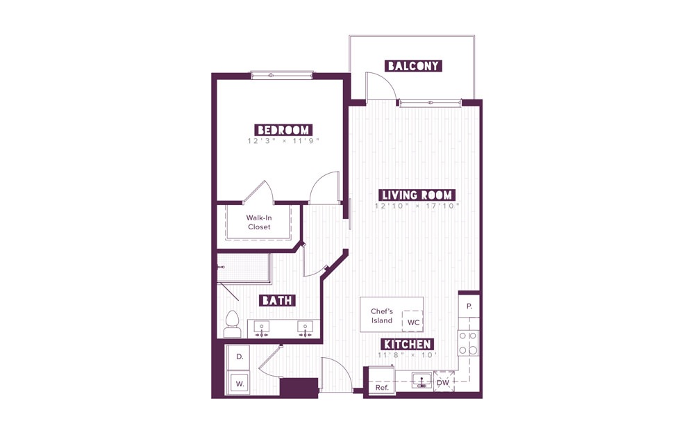 1.1B - 1 bedroom floorplan layout with 1 bath and 744 square feet.