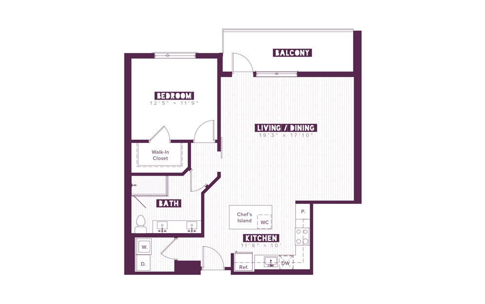 1.1C - 1 bedroom floorplan layout with 1 bath and 887 square feet.