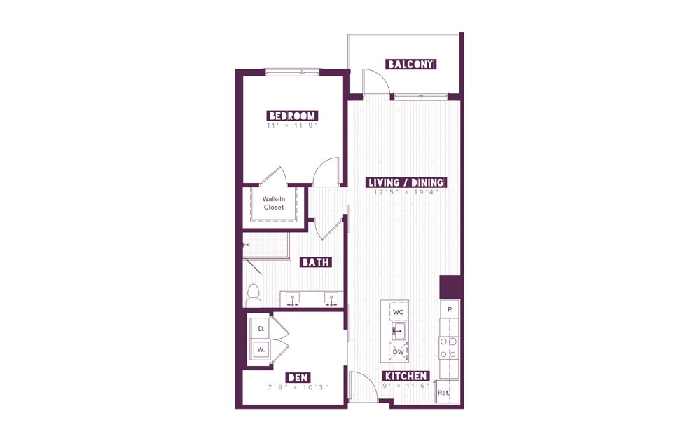  1.1D-DEN - 1 bedroom floorplan layout with 1 bath and 861 square feet.