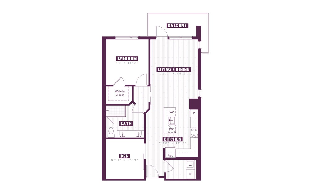A3B - 1 bedroom floorplan layout with 1 bath and 939 square feet.