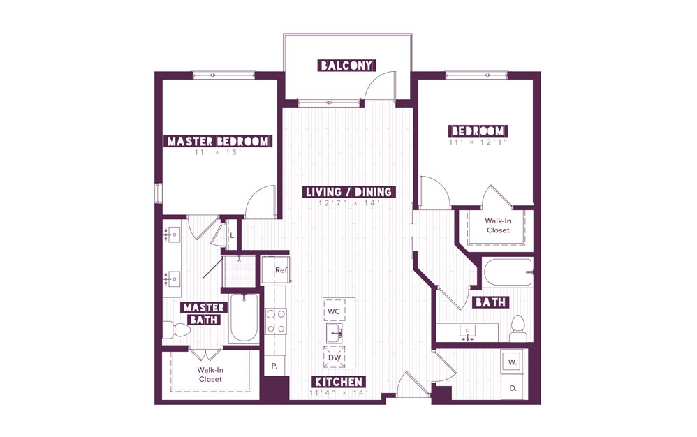 2.2A - 2 bedroom floorplan layout with 2 baths and 1106 to 1124 square feet.