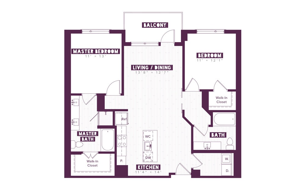 B1B - 2 bedroom floorplan layout with 2 baths and 1124 square feet.