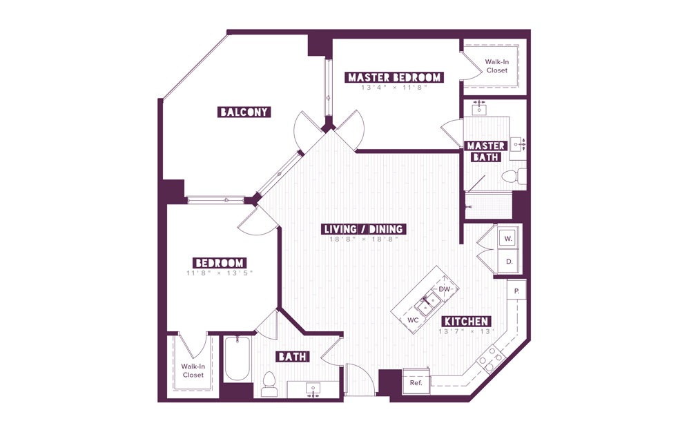 B2 - 2 bedroom floorplan layout with 2 baths and 1175 square feet.