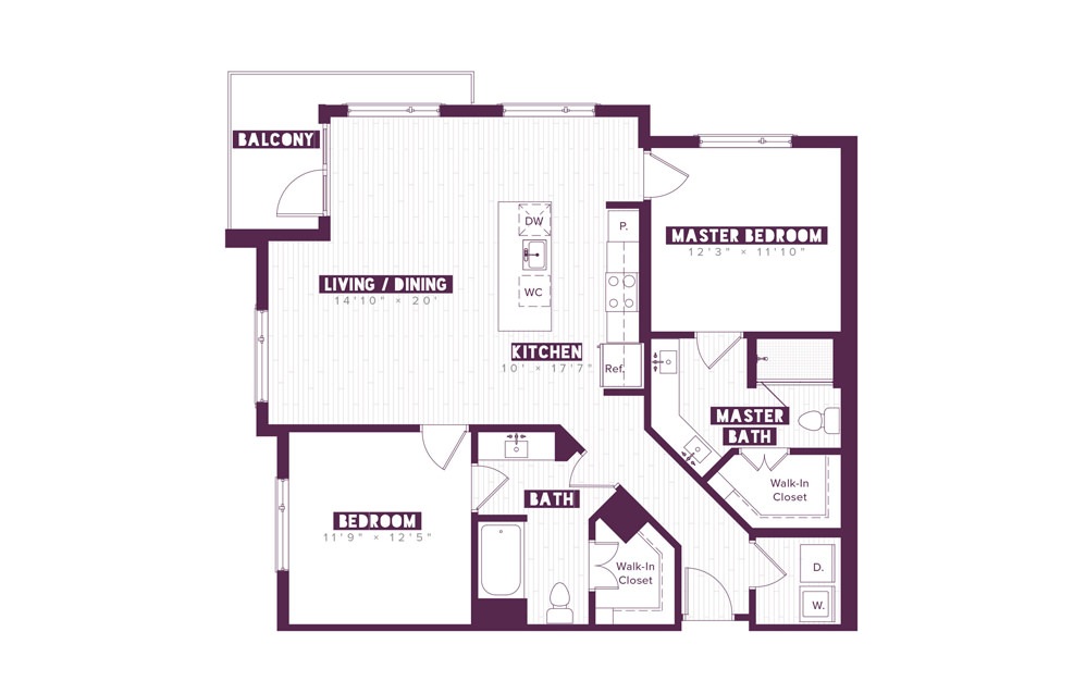 2.2C - 2 bedroom floorplan layout with 2 baths and 1175 square feet.