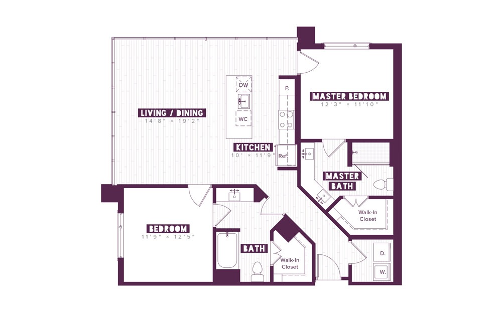 B3B - 2 bedroom floorplan layout with 2 baths and 1206 square feet.
