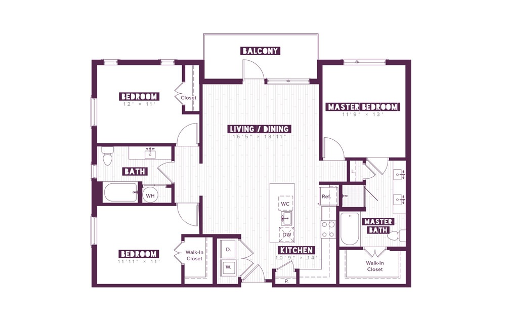 3.2A - 3 bedroom floorplan layout with 2 baths and 1341 square feet.