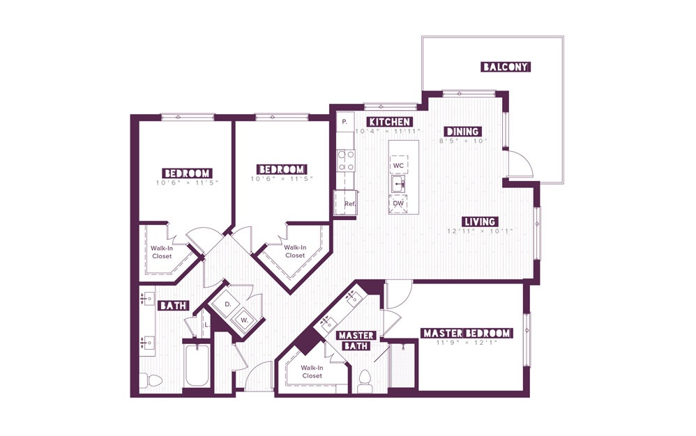 3.2B - 3 bedroom floorplan layout with 2 baths and 1434 square feet.