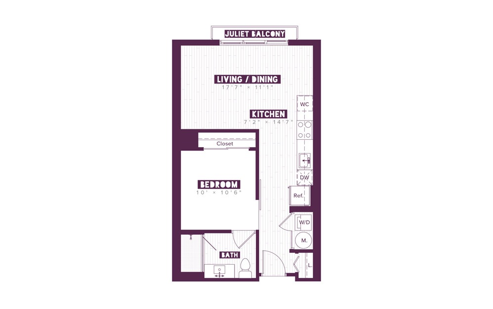 0.1A - Studio floorplan layout with 1 bath and 582 to 639 square feet.